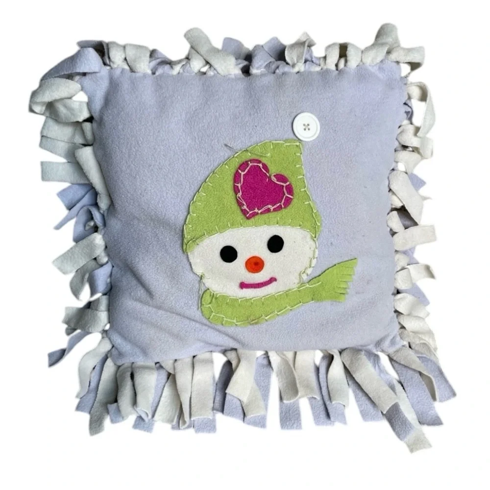 Handmade Holiday Accent Pillows Fringed Fleece Covered with a Snowman Patch